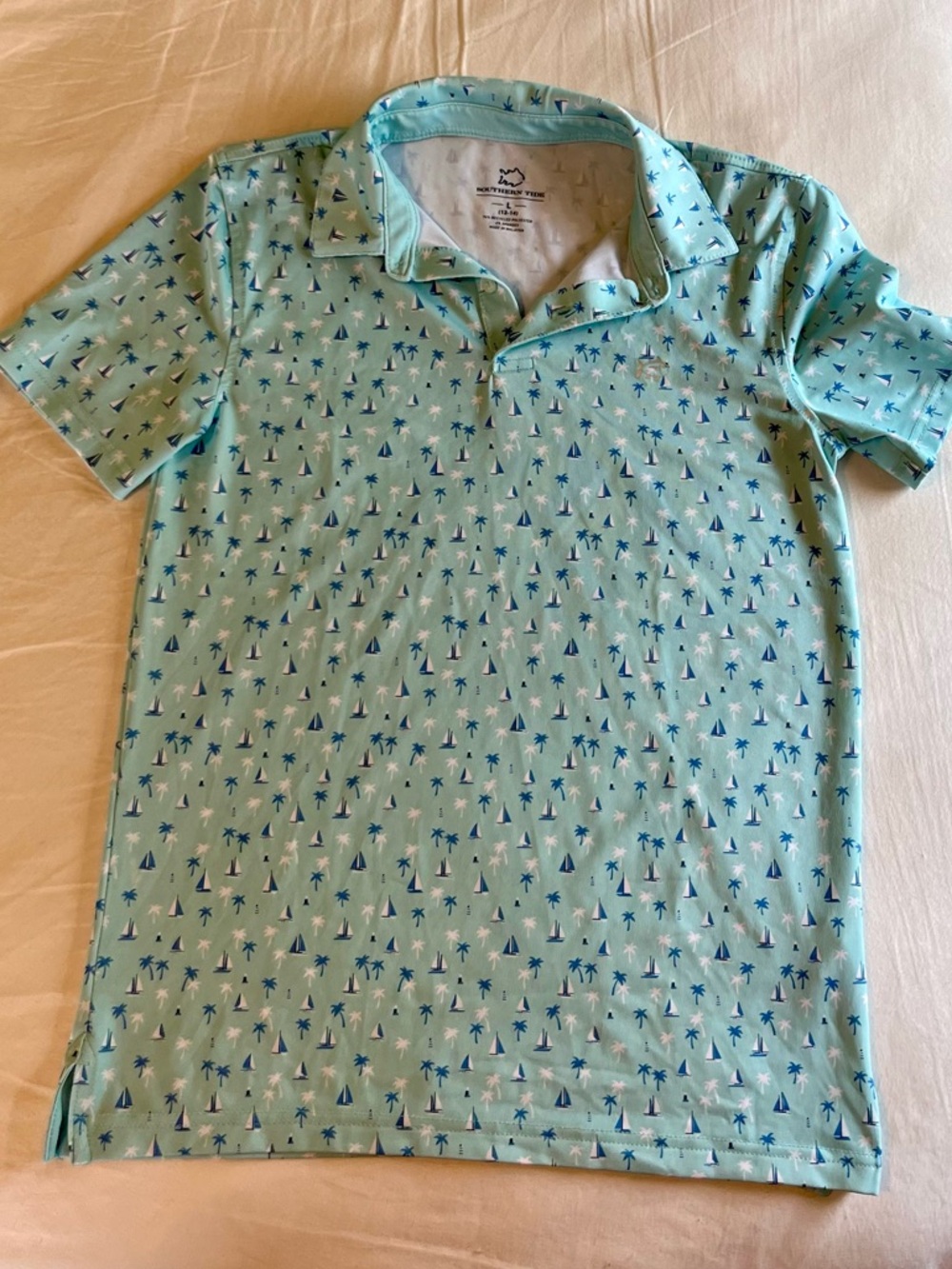 Southern Tide Child's Aqua nautical print Polo Shirt size 12/14